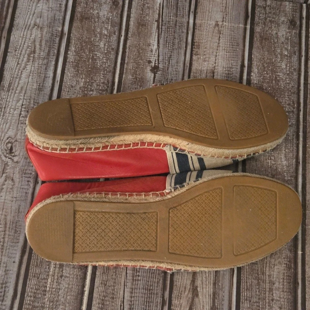 Sz 10 Tory Burch Ines Red Blue Stripe Canvas/ Leather Flat Espadrille Shoes